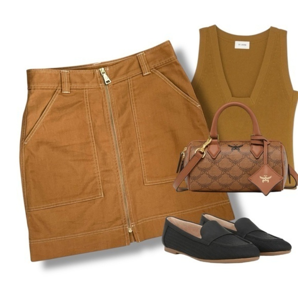 Spartina 449 Brown Zip Front Cotton Stretch Preppy Utility Mini Skirt Fall Sz 8 - Picture 2 of 8